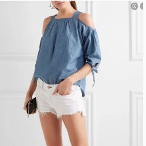 MADEWELL linen cotton blend chambray denim blue top cold shoulder 3/4 sleeves